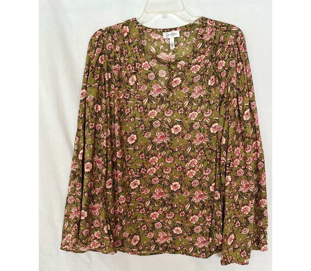 Jessica Simpson Women's Floral Boho Tunic Blouse Green Size L Botanical Bohemian